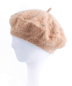 Rhinestone Faux Fur Beret Hat HA320966 CORAL